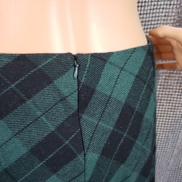 Green Wool Blend Tartan Plaid Zip-Up A-line Skirt - Picture 3 of 4